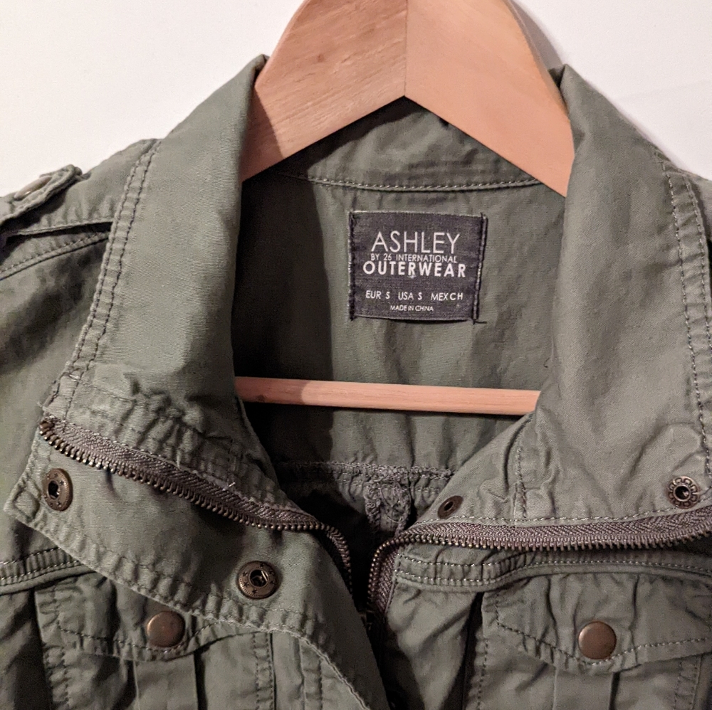 Ashley International Military Cotton Olive Zip Pull Tab Elastic Utility Jacket - Picture 15 of 15
